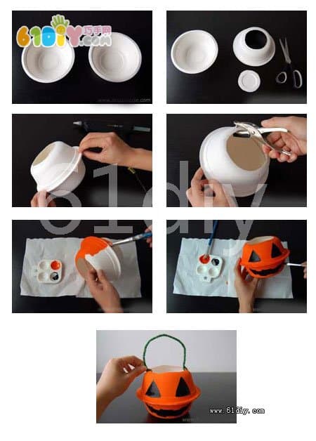 万圣节手工：纸碗制作南瓜灯