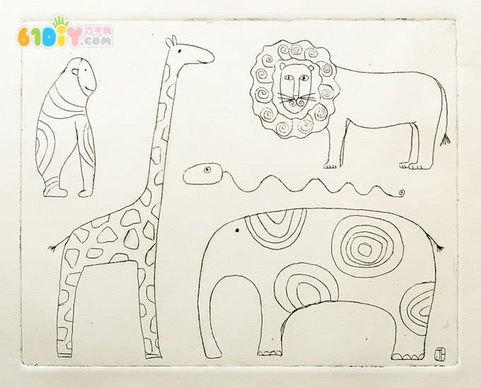 动物填色图 猩猩、长颈鹿、狮子、大象