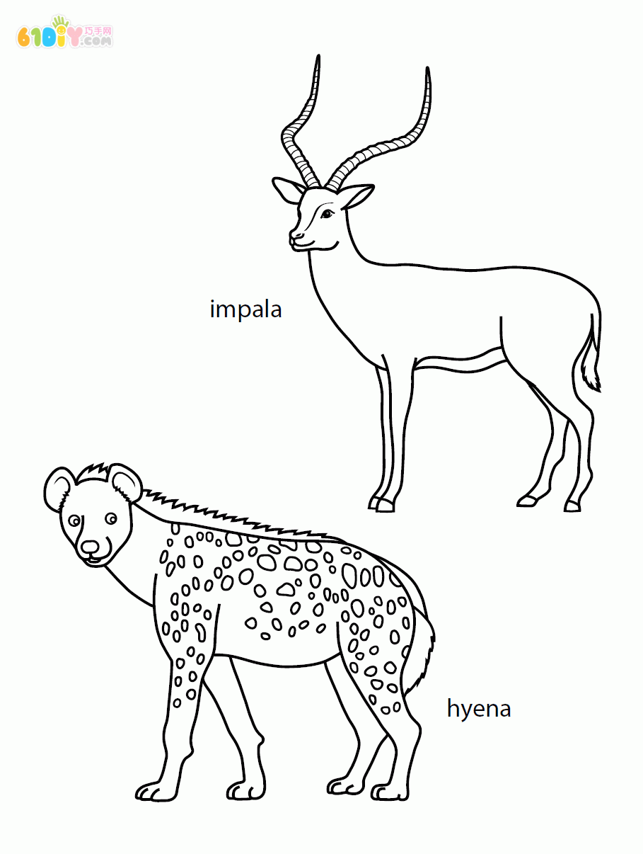 动物简笔画 黑斑羚和鬣狗填色图