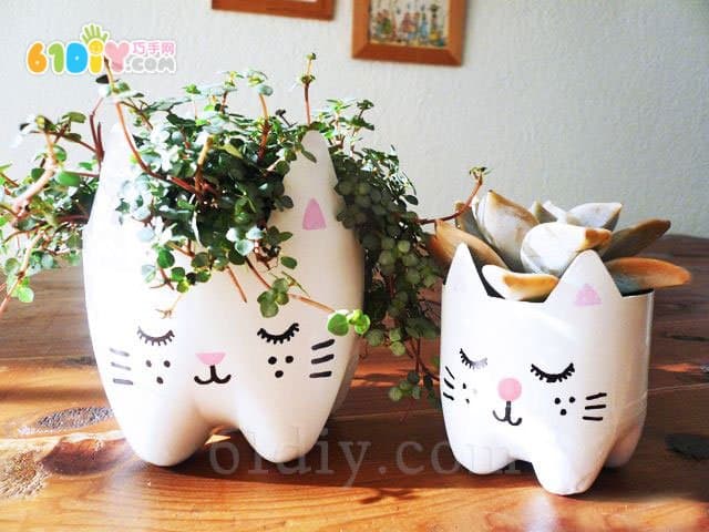 DIY制作可爱的饮料瓶小猫盆栽