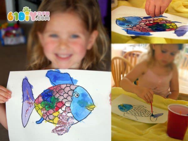 儿童填色图 美丽的彩色小鱼