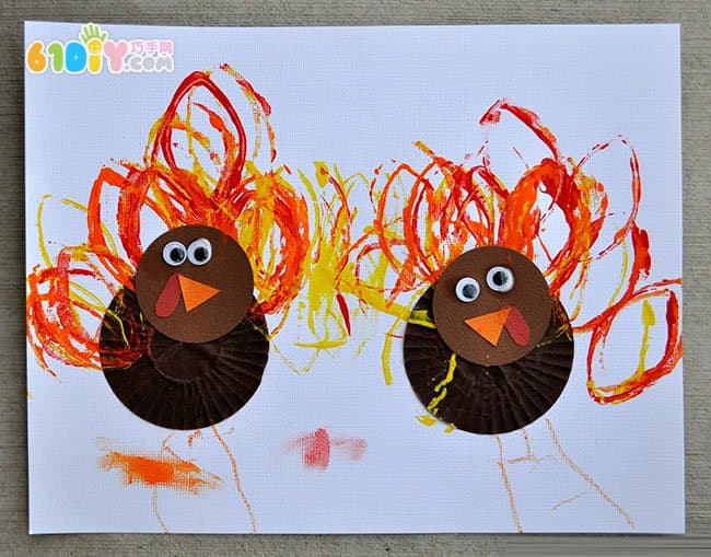 儿童纸筒手工 可爱的感恩节火鸡贴画