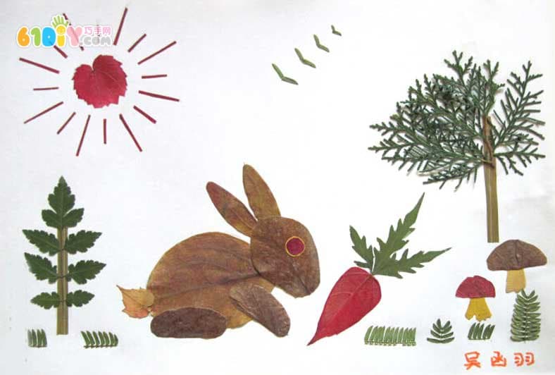 关于兔子的树叶贴画作品