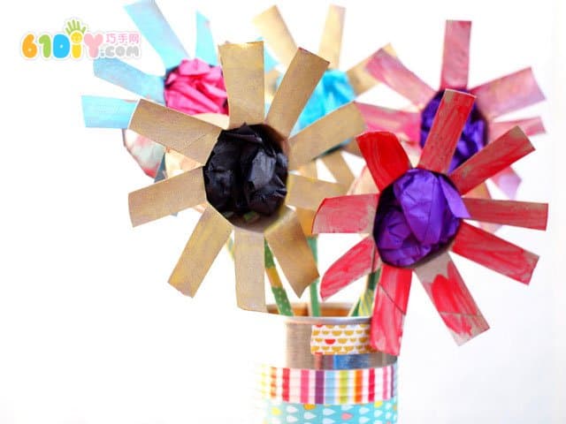 儿童DIY 卷纸芯制作可爱的花束