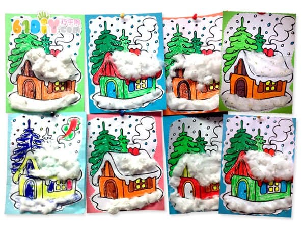 儿童贴画手工 下雪天的小房子