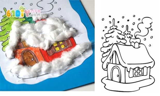 儿童贴画手工 下雪天的小房子