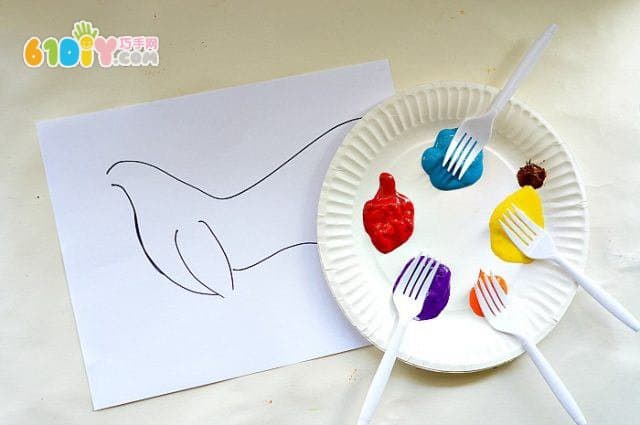 儿童创意绘画 叉子画大公鸡