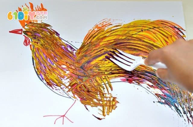 儿童创意绘画 叉子画大公鸡