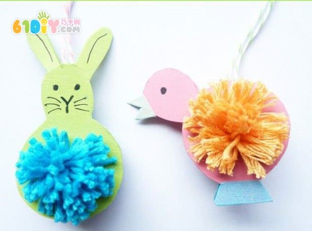 复活节儿童手工 毛绒球小鸡和兔子