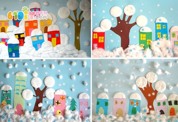 儿童创意贴画制作 雪中的房子