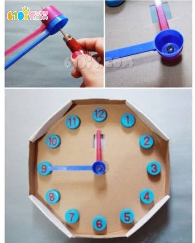 废纸盒瓶盖制作玩具时钟