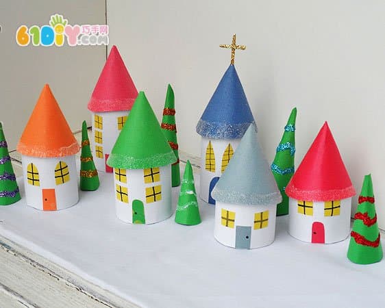 儿童纸筒手工圣诞节里的小村庄
